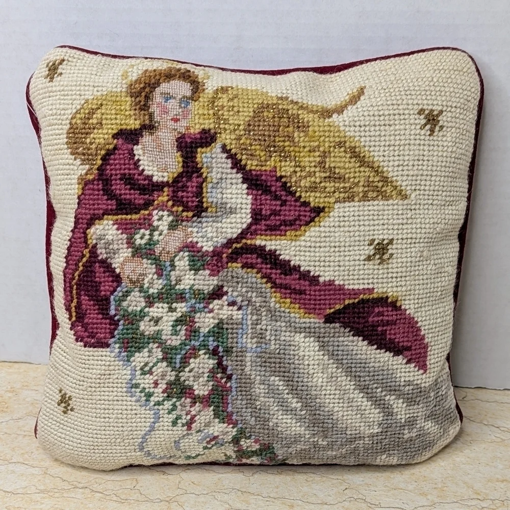 Vintage Style Needlepoint Christmas Holiday Angel Small Wool Pillow NWT